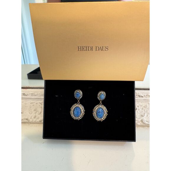 Heidi Daus Sparkling Scarab Carved Blue Stone & Crystal Drop Earrings - Picture 1 of 7